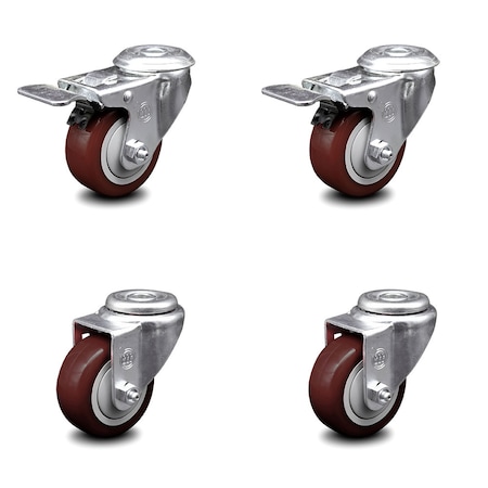 Service Caster 3.5 Inch Maroon Polyurethane Swivel Bolt Hole Caster Set with 2 Total Lock Brake SCC-BHTTL20S3514-PPUB-MRN-2-S-2